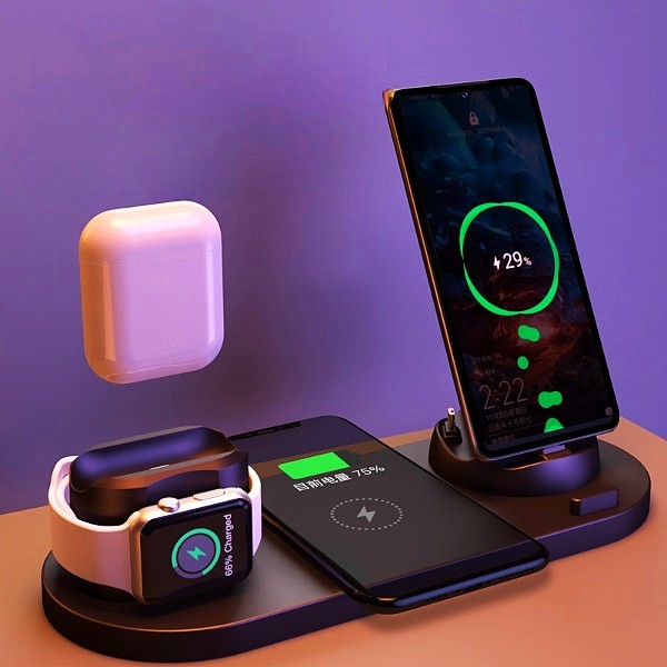 Station de charge sans fil 6-en-1 – Chargeur rapide pour iPhone, téléphone et montre connectée